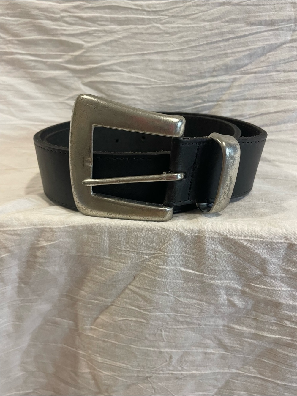 Vintage Omega Black Genuine Leather Belt Silver Buckle Made in USA Western